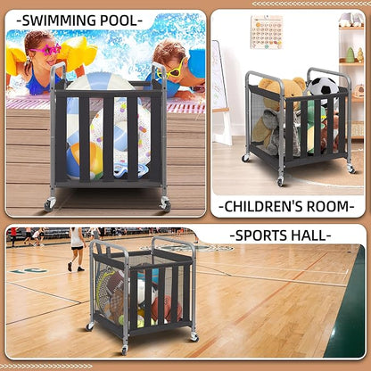 STORAGE MANIAC Ball Storage Bin Rolling Sports Ball Cart, Metal Garage Organizer Sport Rack Basketball Storage Cage for Garage or Gym, Indoor & Outdoor Sports Equipment Organizer