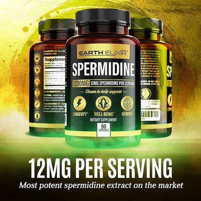 Spermidine Supplements 1200mg (90 Capsules) – Anti Aging - 3rd Party Tested (12mg Spermidine Powder) Max Purity - 100% Pure Espermidina- Fermented Wheat Germ Extract - NMN Alternative