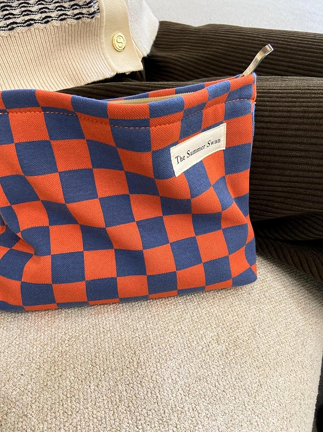 The Summer Swan Large Floral Mid-day Clutch Period Kit Hygiene Skincare Cute Makeup Bag (Colour Block Checkered Orange Navy)