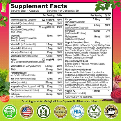 Women's Daily Multivitamin with Iron - Vegan Multivitamin for Women with Biotin, Organic Superfoods, B-Complex, Probiotics, Enzymes - Energy, Immunity, Gut Health Support - Easy to Swallow Capsules