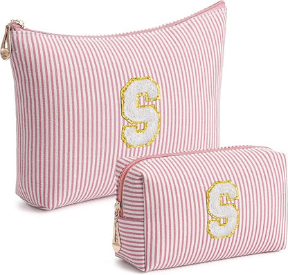 Pink Personalized Initial Makeup Bag Set, Cute Preppy Travel Toiletry Cosmetic Bags, Small Make Up Pouch, Birthday Gifts for Women, Girls, Friends, (S)