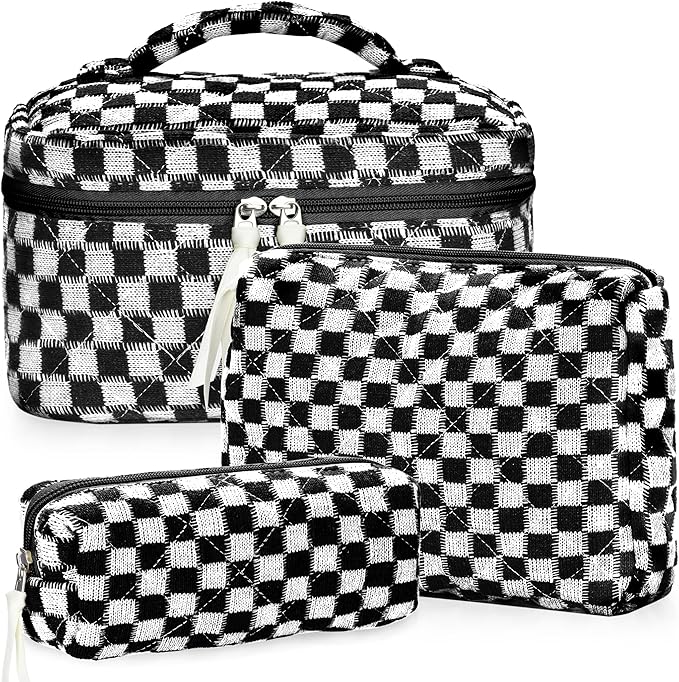 Quilted Makeup Bag Set, 3Pcs Large Checkered Corduroy Cosmetic Bags, Cute Coquette Makeup Bag Toiletry Zipper Pouch Bag for Women and Girls Checkered