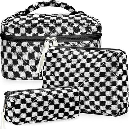 Quilted Makeup Bag Set, 3Pcs Large Checkered Corduroy Cosmetic Bags, Cute Coquette Makeup Bag Toiletry Zipper Pouch Bag for Women and Girls Checkered