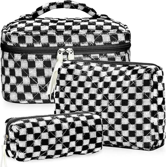 Quilted Makeup Bag Set, 3Pcs Large Checkered Corduroy Cosmetic Bags, Cute Coquette Makeup Bag Toiletry Zipper Pouch Bag for Women and Girls Checkered