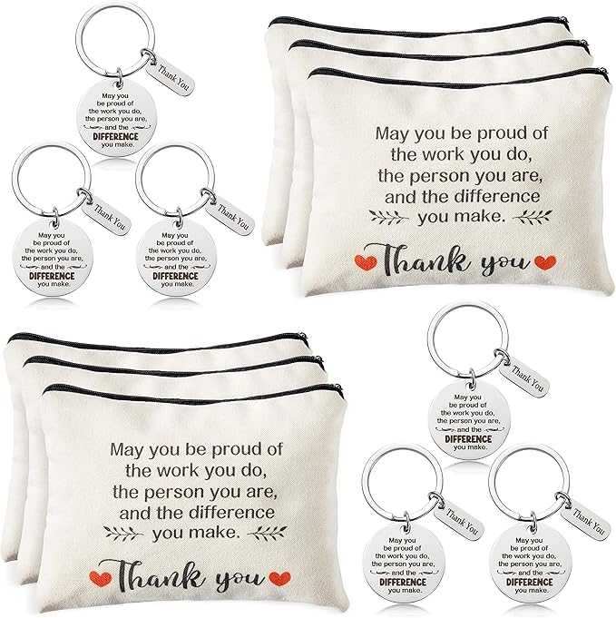 WATINC Appreciation Keychain Thank You Gifts Set - 6Pcs Thank You Key Chains & 6Pcs Proud of You Make a Difference Makeup Cosmetic Bags Inspirational Presents Bulk for Teacher Man Wowen