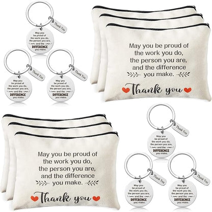 WATINC Appreciation Keychain Thank You Gifts Set - 6Pcs Thank You Key Chains & 6Pcs Proud of You Make a Difference Makeup Cosmetic Bags Inspirational Presents Bulk for Teacher Man Wowen
