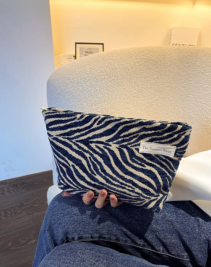 The Summer Swan | Large Aesthetic Floral Mid-day Clutch Period Kit Hygiene Skincare Cute Makeup Bag (Velvet Zebra Print Navy)