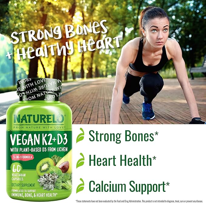 NATURELO Vitamin D3 K2 - Vegan K2+D3 with Plant Based D3 from Lichen - Natural D3 Supplement for Immune System, Bone Support, Heart Health - Whole Food - Non-GMO - Gluten Free, 60 Capsules