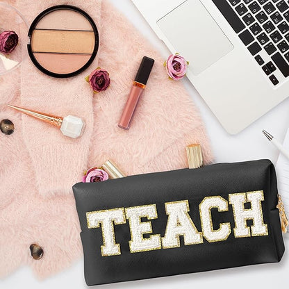 CY2SIDE TEACH Letter Makeup Bag - White TEACH Chenille Letter Patch Cosmetic Bag Black PU Leather Patch Travel Pouch Waterproof Portable Zipper Travel Organizer Case for Teacher Appreciation Gifts