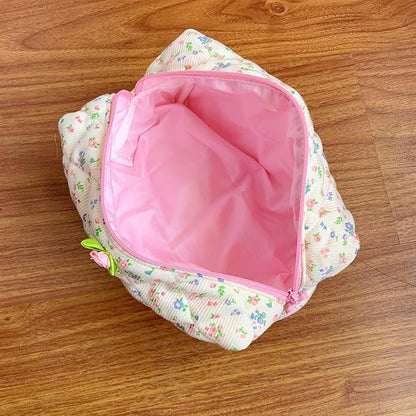 Quilted Coquette Travel Makeup Bag, Large Capacity Puffy Cotton Cosmetic Bag Toiletry Organizer for Women Reusable Washable Aesthetic Floral Pouches Handmade,Floralwhisper