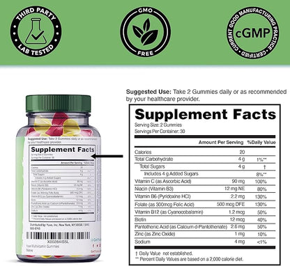 Yuve Vegan Multivitamin Gummies for Men and Women - Daily Energy, Strength, Immunity - Vitamin A, C, B3, B6, B12, Biotin & Zinc - Delicious Chewable Supplement - Non-GMO, Gluten & Gelatin-Free - 60ct