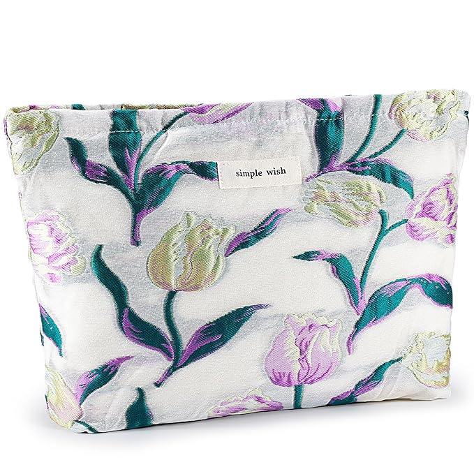 ZLFSRQ Tulip Makeup Bag Travel Cute Purple Flower Floral Cosmetic Bags for Women Large Embroidery Toiletry Pouch Zipper Cosmetic Pouch for Purse Aesthetic Makeup Organizer Bag Portable Toiletry Bags