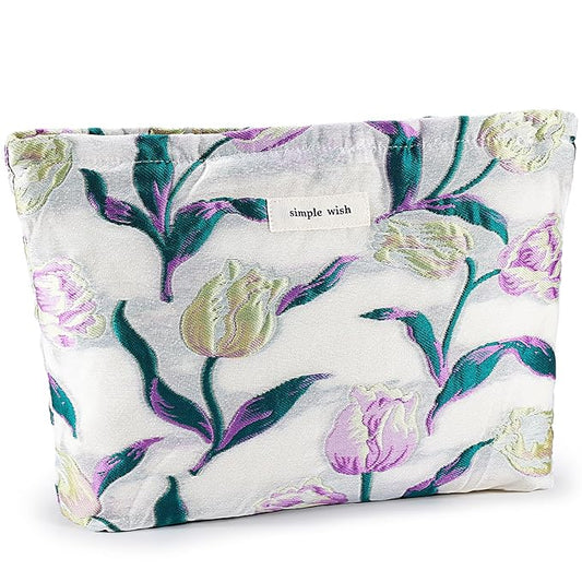 ZLFSRQ Tulip Makeup Bag Travel Cute Purple Flower Floral Cosmetic Bags for Women Large Embroidery Toiletry Pouch Zipper Cosmetic Pouch for Purse Aesthetic Makeup Organizer Bag Portable Toiletry Bags