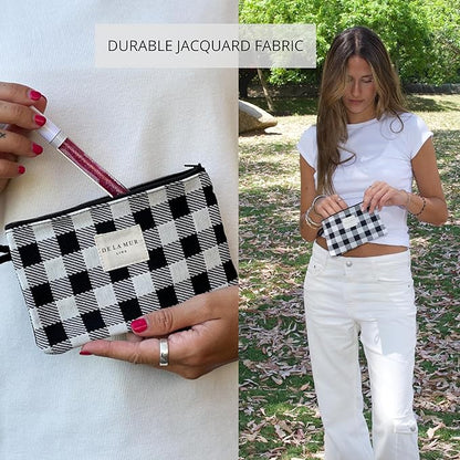 Medium Black & White Checkered Travel Size Toiletries Cosmetic Bag – Travel Makeup Organizer, Toiletry Bag, & Coin Purse for Women, Perfect Gifts for Travel, Made in Barcelona, Spain