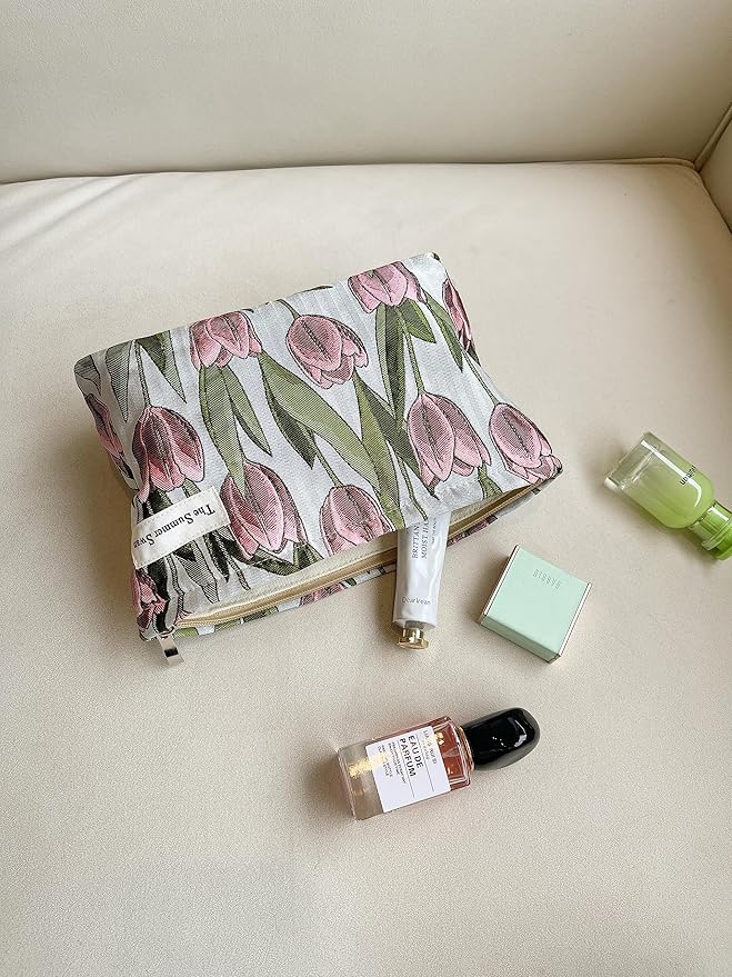 The Summer Swan | Large Aesthetic Makeup Bag Floral Mid-day Clutch Period Kit Hygiene Skincare Cute (Burgundy Tulip)