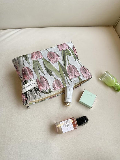 The Summer Swan | Large Aesthetic Makeup Bag Floral Mid-day Clutch Period Kit Hygiene Skincare Cute (Burgundy Tulip)