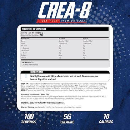 EHP Labs CREA-8 Micronized Creatine Monohydrate Powder - Creatine Powder for Muscle Growth, Increased Strength, Enhanced Energy Output and Improved Performance, Unflavored - 100 Servings (500g)