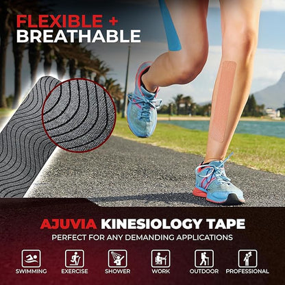 AJUVIA Synthetic Kinesiology Tape, 2 Uncut Rolls, 10% Bonus Pack, Lasts up to 14 Days, Hypoallergenic and Waterproof K Tape for Muscle Pain Relief and Joint Support
