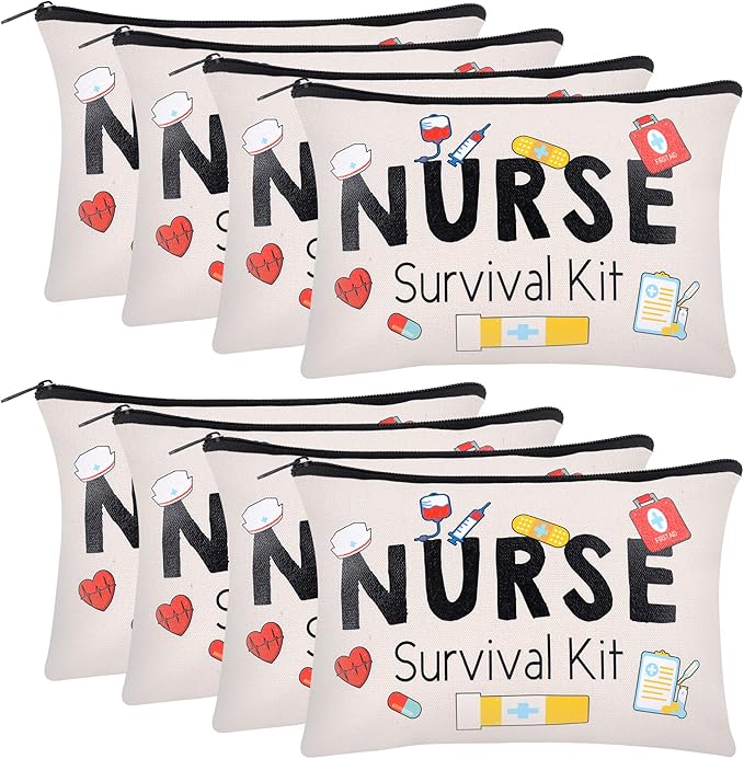 Kolewo4ever 8 Pieces Nurse Survival Kit Makeup Bags Nurse Appreciation Gifts CNA Week Gifts, Funny Cosmetic Bag, Practitioner Gifts, Toiletry Bag for Supplies