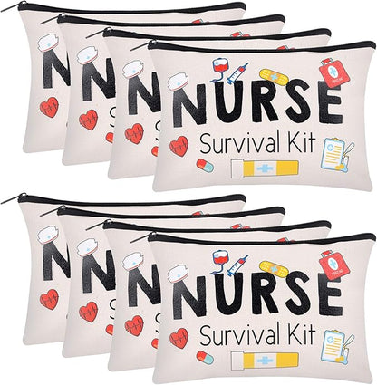 Kolewo4ever 8 Pieces Nurse Survival Kit Makeup Bags Nurse Appreciation Gifts CNA Week Gifts, Funny Cosmetic Bag, Practitioner Gifts, Toiletry Bag for Supplies