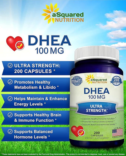DHEA (100mg Max Strength, 200 Capsules) to Promote Balanced Hormone Levels for Women & Men - Natural DHEA Supplement Pills to Support Healthy Metabolism, Libio, Brain, Immune Function & Pure Energy