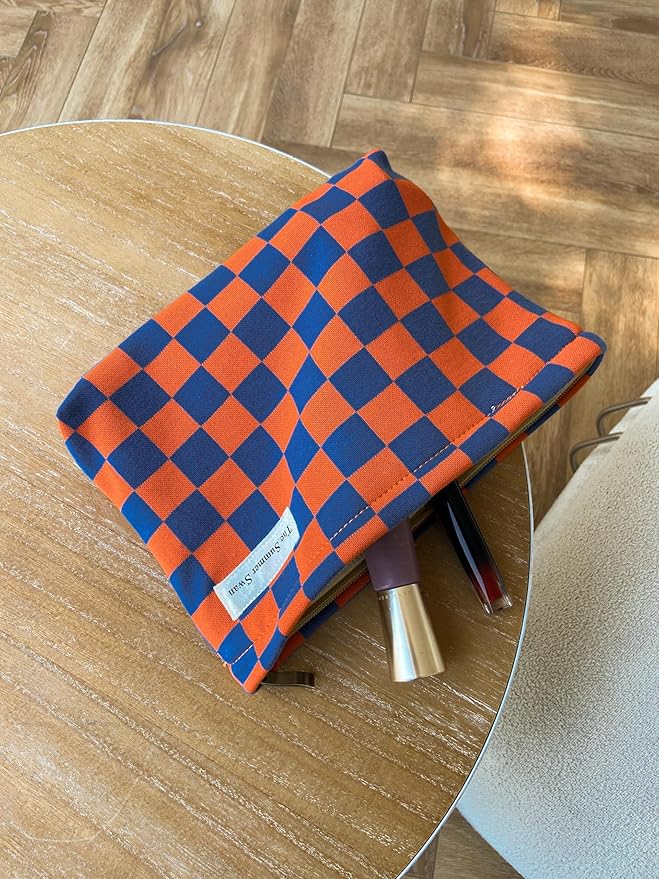 The Summer Swan Large Floral Mid-day Clutch Period Kit Hygiene Skincare Cute Makeup Bag (Colour Block Checkered Orange Navy)