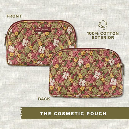 Bella Taylor Large Makeup Pouch for Women | Quilted Cotton Cosmetic Bag for Travel and Organization | Autumn Garden