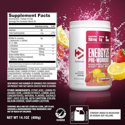 Dymatize Energyze Pre Workout Powder for Men and Women, Strawberry Lemonade Flavor, 150mg Caffeine, 5g BCAAs, Performance Blend of L-Theanine, L-Tyrosine, L-Citrulline, No Sugar, 30 Servings