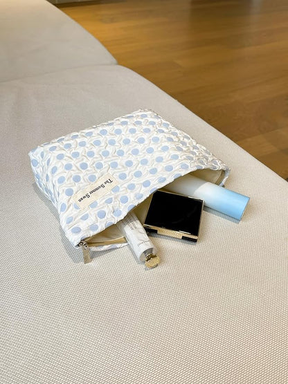 The Summer Swan | Large Aesthetic Makeup Bag | Floral Makeup Bag | Mid-day Clutch | Period Kit Bag | Hygiene Bag | Skincare Bag | Cute Makeup Bag (Polka Dots Blue)