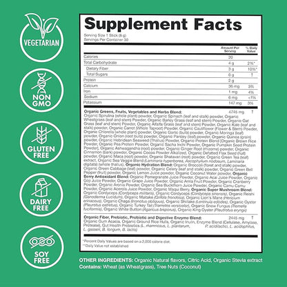 Zena Organic Super Greens Powder, 70+ Superfoods Drink Mix, 0 Sugar, 3G Fiber, Fruits, Veggies, Spirulina, Chlorella, Antioxidants, Pre & Probiotics, Digestive Enzymes, Green Apple Flavor, 30 Packets