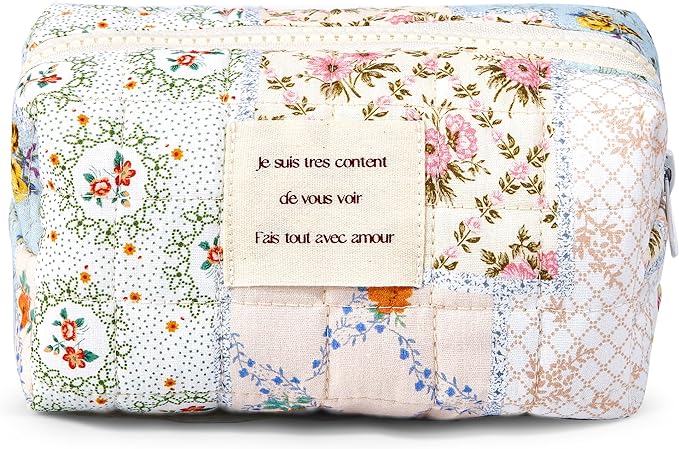 Floral Makeup Bag Small Cotton Quilted Cosmetic Makeup Bag Organizer, Aesthetic Preppy Portable Pouch Purse Toiletry Bag for Women Girls Travel accessories (Blue Floral-S)