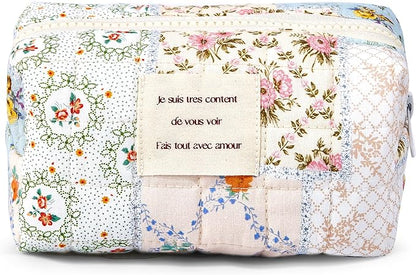 Floral Makeup Bag Small Cotton Quilted Cosmetic Makeup Bag Organizer, Aesthetic Preppy Portable Pouch Purse Toiletry Bag for Women Girls Travel accessories (Blue Floral-S)