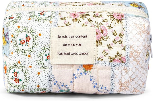 Floral Makeup Bag Small Cotton Quilted Cosmetic Makeup Bag Organizer, Aesthetic Preppy Portable Pouch Purse Toiletry Bag for Women Girls Travel accessories (Blue Floral-S)