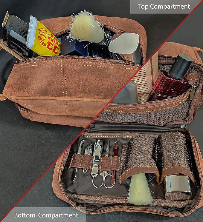 RUSTIC TOWN Leather Toiletry Bag for Men Travel Shaving Dopp Kit Toiletries Organizer Cosmetic Makeup Bag for Women
