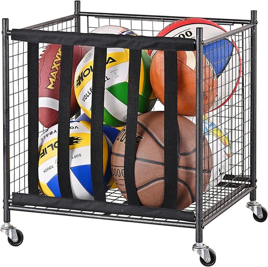 Mythinglogic Rolling Sports Ball Storage Cart, Sports Lockable Ball Storage Locker with Elastic Straps, Stackable Ball Cage for Garage Storage Garage Organizer