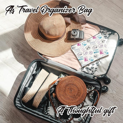 Full Print Makeup Bag - Travel Stamps Theme - Waterproof Cosmetic Bag, Toiletry Bag, Gift For Girls, Besties, Personal Care & Accessories - A22