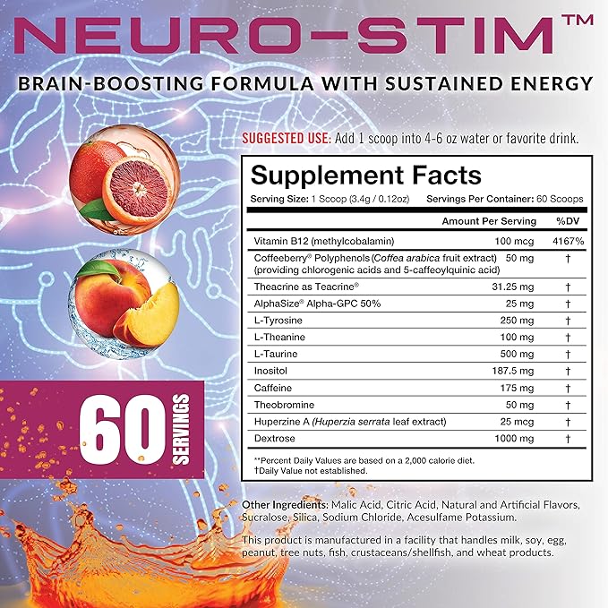 Granite® Neuro-Stim™ (White Peach) Brain Boosting Nootropic + Energy Formula | Supports Healthy Mental Focus, Clarity & Performance | Vegan, Soy Free, Gluten Free (60 Servings)