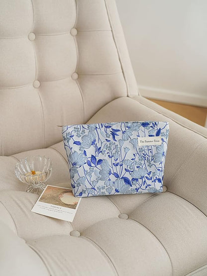 FlowerVineBlue Summer Swan | Large Aesthetic Floral Makeup Clutch | Period Kit | Hygiene & Skincare Bag