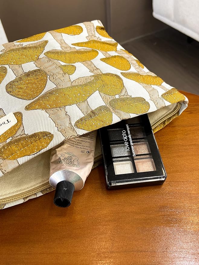 The Summer Swan | Floral Cosmetic Bag｜Large Aesthetic Travel Makeup and Personal Item Pouch For Purse | Skincare Bag (Mushroom Yellow)