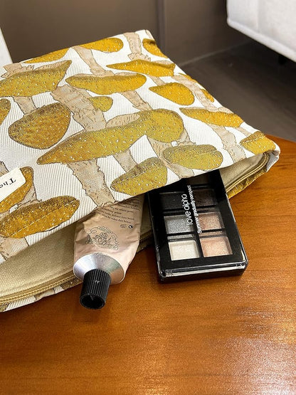 The Summer Swan | Floral Cosmetic Bag｜Large Aesthetic Travel Makeup and Personal Item Pouch For Purse | Skincare Bag (Mushroom Yellow)