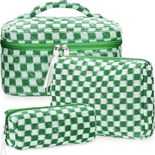 Quilted Makeup Bag Set, 3Pcs Large Checkered Corduroy Cosmetic Bags, Cute Coquette Makeup Bag Toiletry Zipper Pouch Bag for Women and Girls Checkered