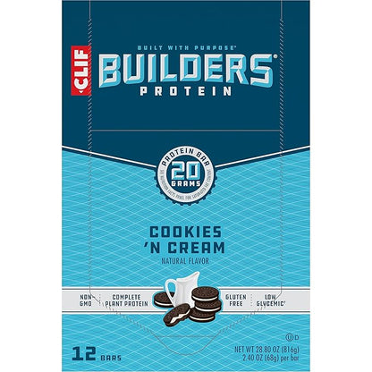 CLIF Builders - Cookies 'n Cream Flavor - Plant Based Protein Bars - Gluten Free - Non-GMO - Low Glycemic - 20g Protein - 2.4 oz. (12 Count)