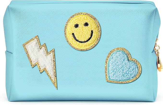 LieToi Preppy Patch Cosmetic Toiletry Bag, PU Leather Portable Waterproof Makeup Bag Smile Lightning Heart Organizer Compliant Bag Daily Travel Use Storage Purse for Women Girls (Large, Canal Blue)
