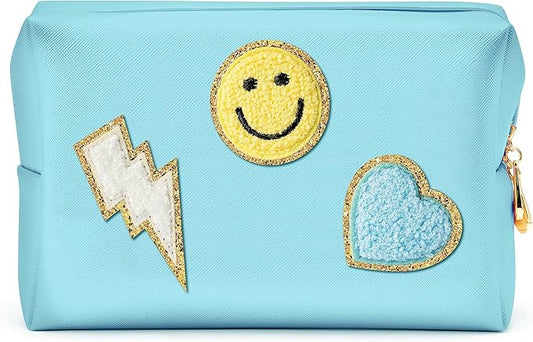 LieToi Preppy Patch Cosmetic Toiletry Bag, PU Leather Portable Waterproof Makeup Bag Smile Lightning Heart Organizer Compliant Bag Daily Travel Use Storage Purse for Women Girls (Large, Canal Blue)