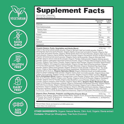 Zena Organic Super Greens Powder, 70+ Superfoods Drink Mix, 0 Sugar, 3G Fiber, Fruits, Veggies, Spirulina, Chlorella, Antioxidants, Pre & Probiotics, Digestive Enzymes, Mango Flavor, 30 Packets