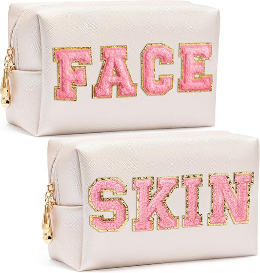 CY2SIDE SKIN Letter Makeup Bag - 2PCS SKIN and FACH Chenille Letter Patch Cosmetic Bag Preppy PU Leather Patch Pouch Waterproof Portable Zipper Travel Organizer Christmas Gifts for Women Girls(Pink)