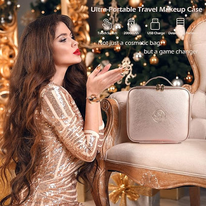 MOMIRA Travel Cosmetic Train Case with Lighted Mirror 3 Color Scenarios Cosmetic Bag Organizer with Adjustable Dividers Makeup Storage for Women, Makeup Accessories & Tools Case Champagne