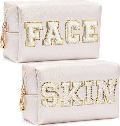 CY2SIDE SKIN Letter Makeup Bag - 2PCS SKIN and FACH Chenille Letter Patch Cosmetic Bag Preppy PU Leather Patch Pouch Waterproof Portable Zipper Travel Organizer Christmas Gifts for Women Girls(White)