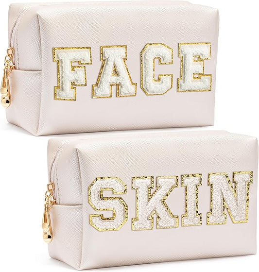 CY2SIDE SKIN Letter Makeup Bag - 2PCS SKIN and FACH Chenille Letter Patch Cosmetic Bag Preppy PU Leather Patch Pouch Waterproof Portable Zipper Travel Organizer Christmas Gifts for Women Girls(White)