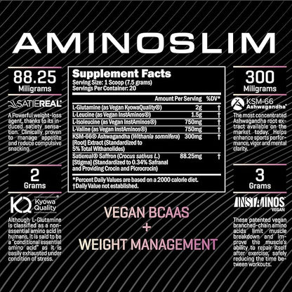 Amino Slim - Slimming BCAA Weight Loss Drink for Women, Vegan Amino Acids & L-Glutamine Powder for Post Workout Recovery & Fat Burning | Daily Appetite Suppressant, Metabolism Booster & Stress Relief